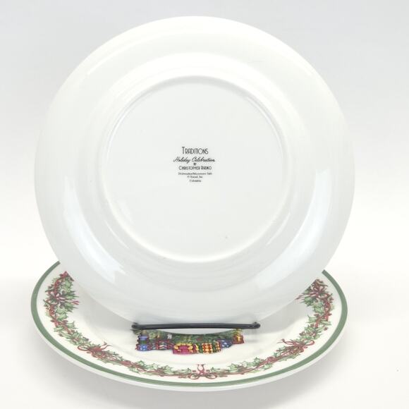 Vtg Christopher Radko Christmas Tree Dessert Plate Green Holly Traditional 2pcs - Picture 2 of 6